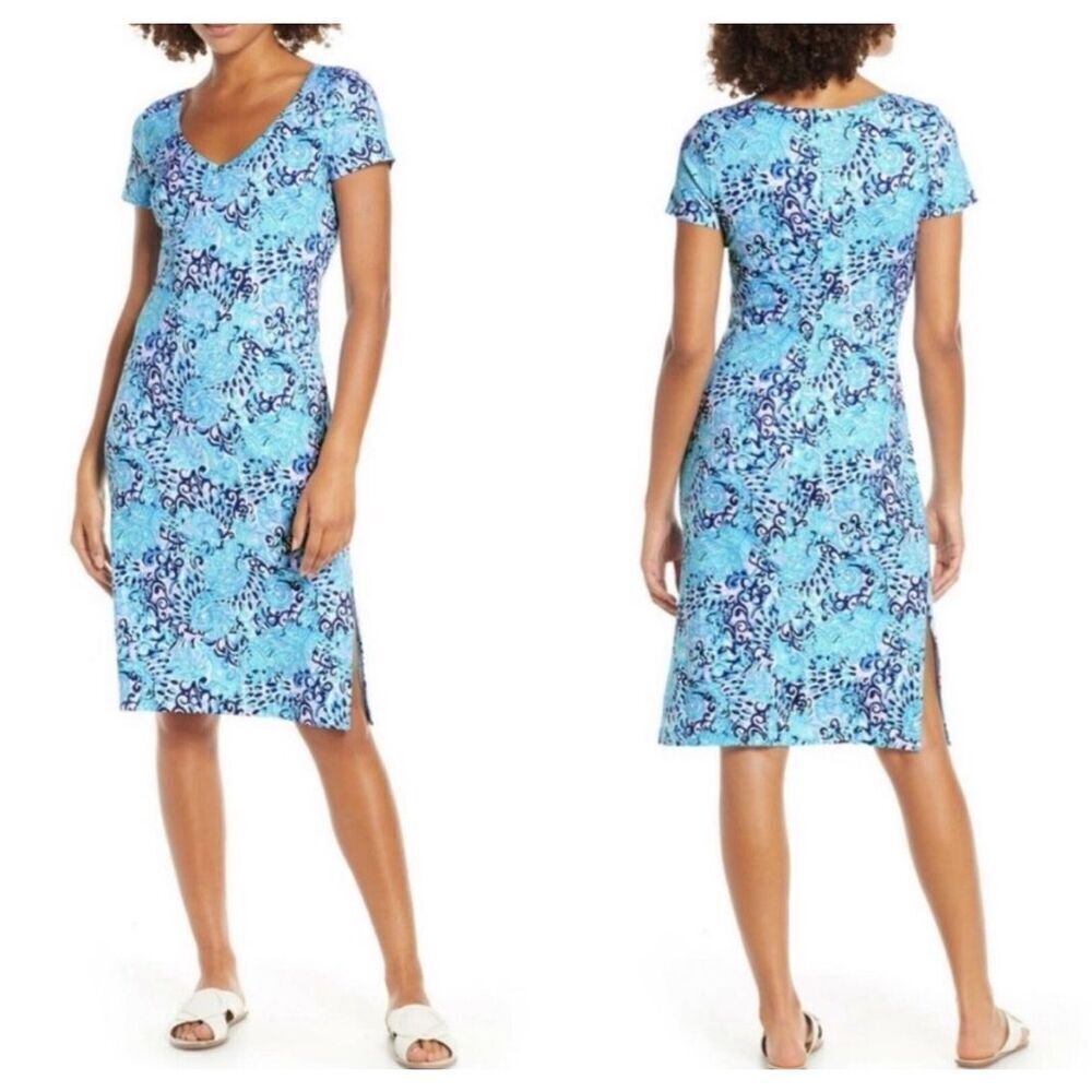 Lilly Pulitzer Blue Aqua Spritz Short Sleeve Malin Midi Dress Size Small